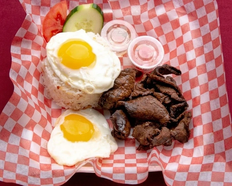 Tapsilog Filipino breakfast with garlic rice and egg at Mama Nors Kitchen, Winnipeg, MB